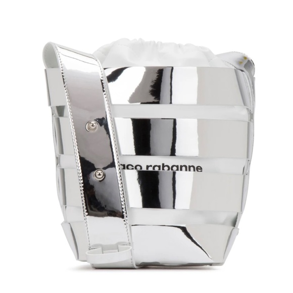 PACO RABANNE Silver Metallic Mirror Cage Faux Leather Large Bucket Bag - Picture 14 of 15